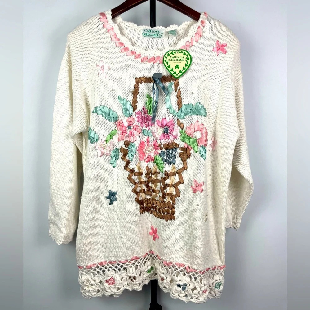 Vintage Colleen Collectibles White Knit Ribbon Floral Planter Pullover Sweater